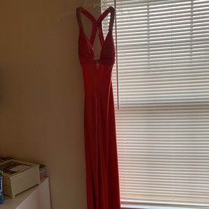 Coral evening gown with gold beading